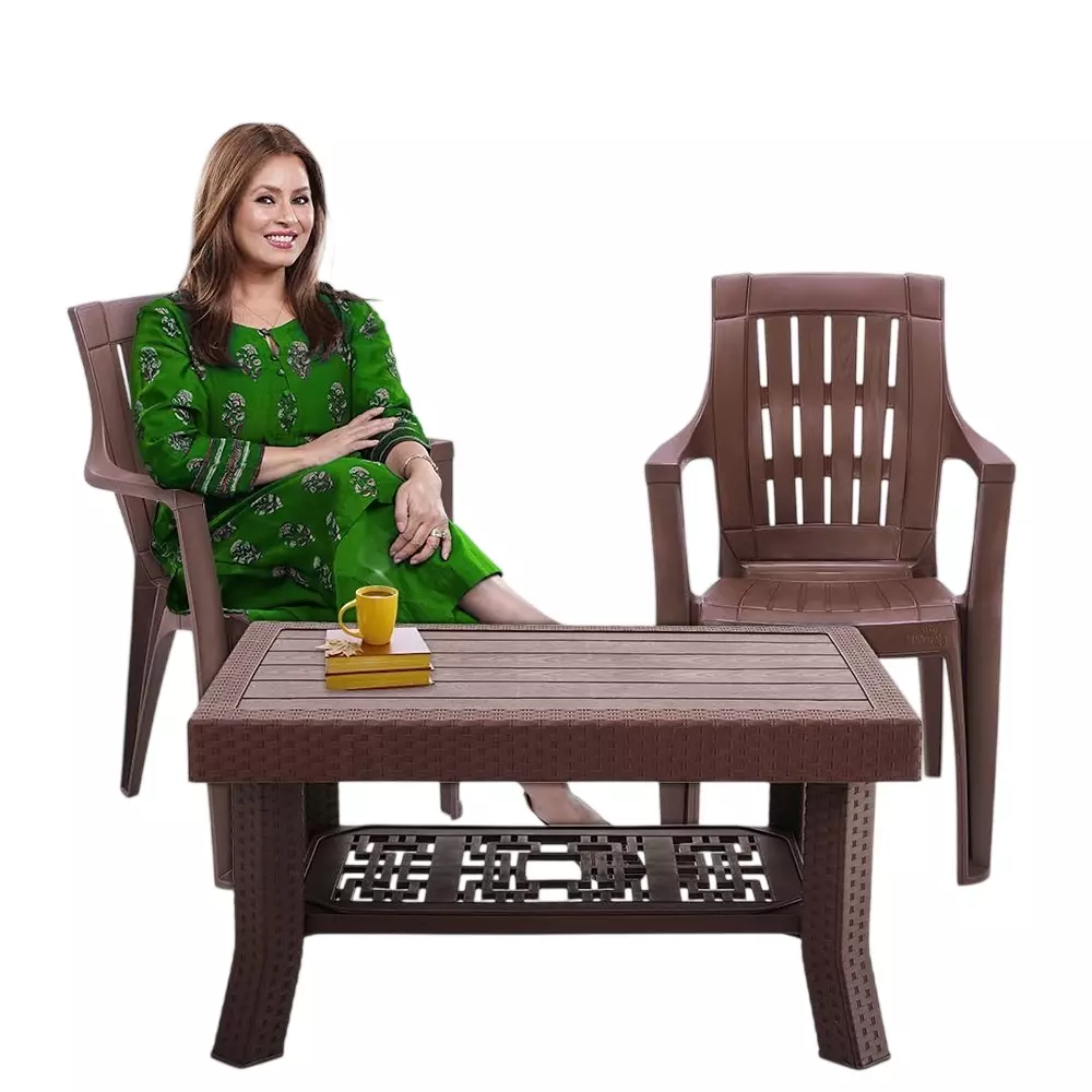 Maharaja Classic Polo Table & Omega Chair Set Plastic Elegant Design & Sturdy Build, Brown (1 Table, 2 Chairs)