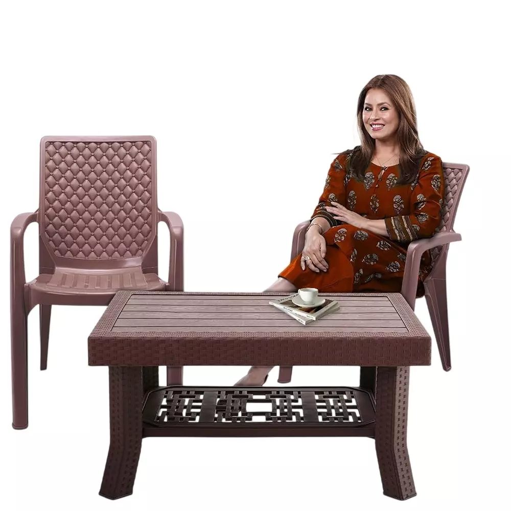 Maharaja Premium Polo Table & Vintage Chair Set Plastic Durable & Weather Resistant, Brown (1 Table, 2 Chairs)