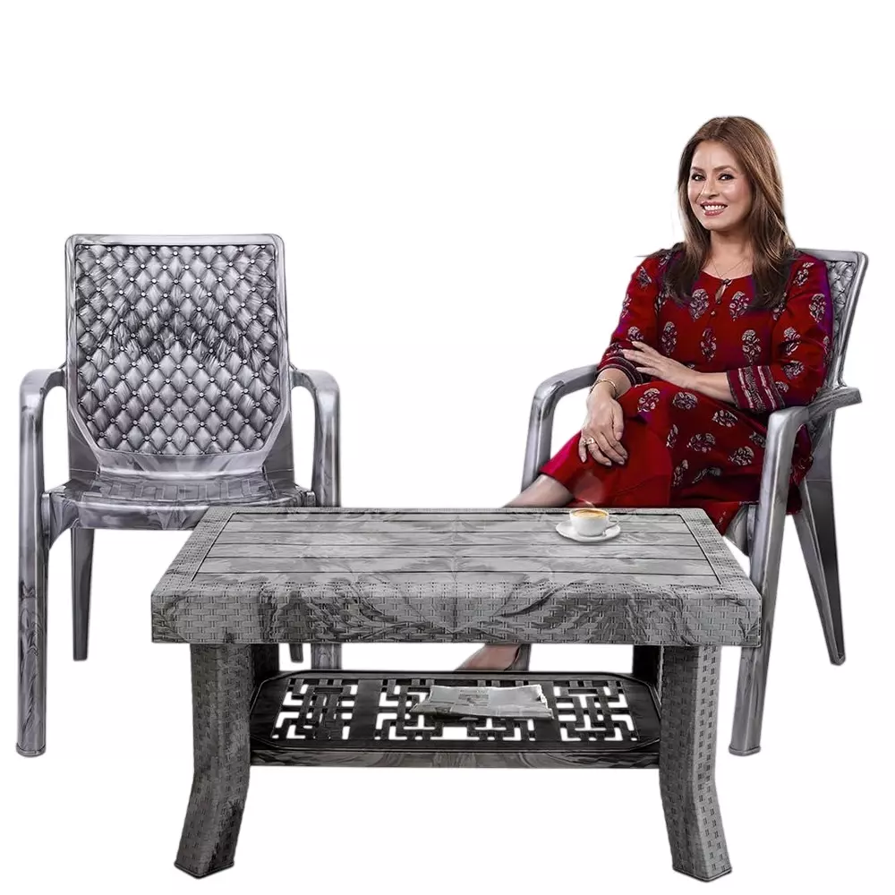 Maharaja Premium Polo Table & Vintage Chair Set Plastic Durable & Weather Resistant, Silver (1 Table, 2 Chairs)