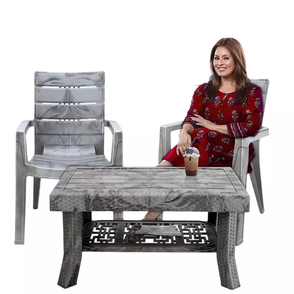 Maharaja Premium Polo Table & Crown Chair Set Plastic Durable & Weather Resistant, Silver (1 Table, 2 Chairs)