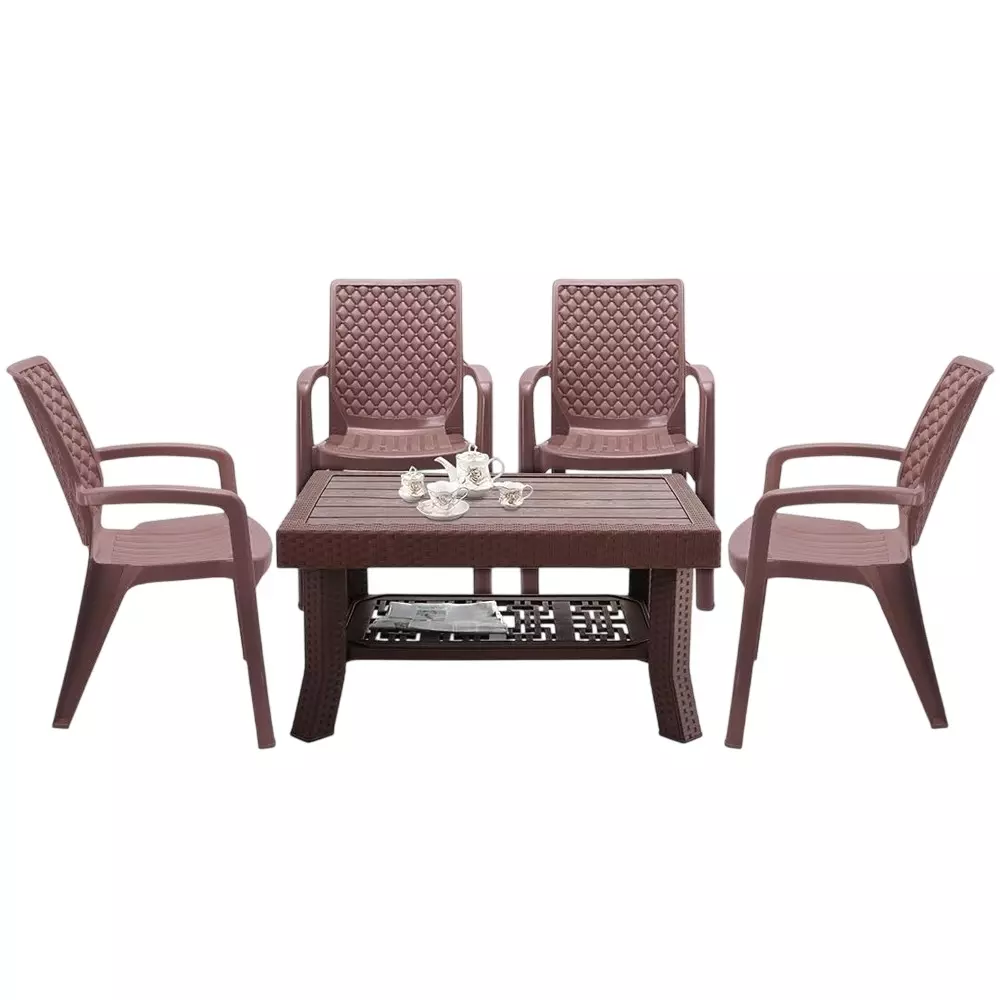 Maharaja Premium Polo Table & Vintage Chair Set Plastic Durable & Weather Resistant, Brown (1 Table, 4 Chairs)