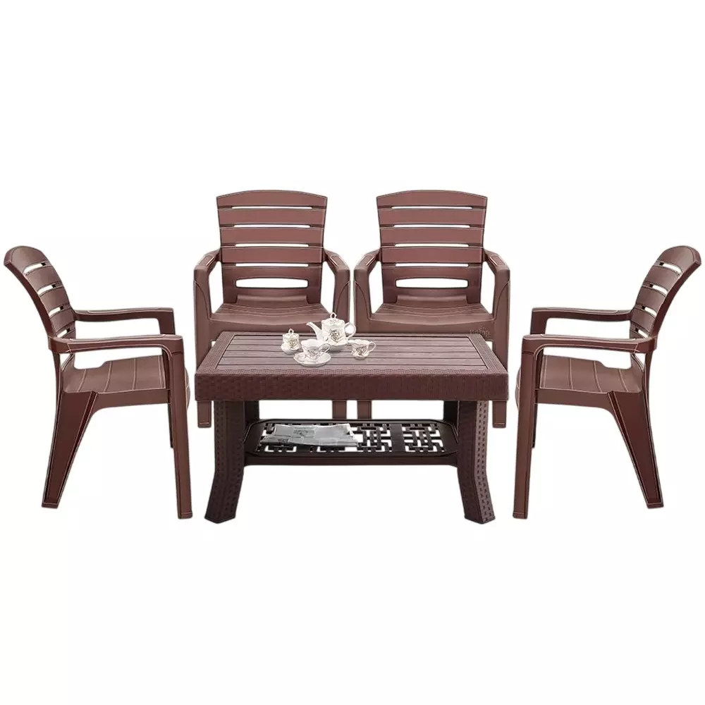 Maharaja Premium Polo Table & Singham-101 Chair Set Plastic Durable & Weather Resistant, Brown (1 Table, 4 Chairs)