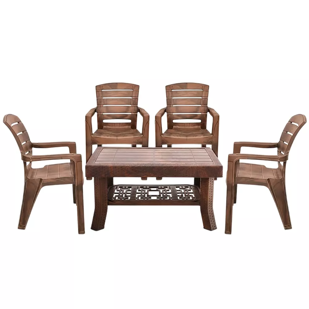 Maharaja Premium Polo Table & Singham-101 Chair Set Plastic Durable & Weather Resistant, Teakwood (1 Table, 4 Chairs)
