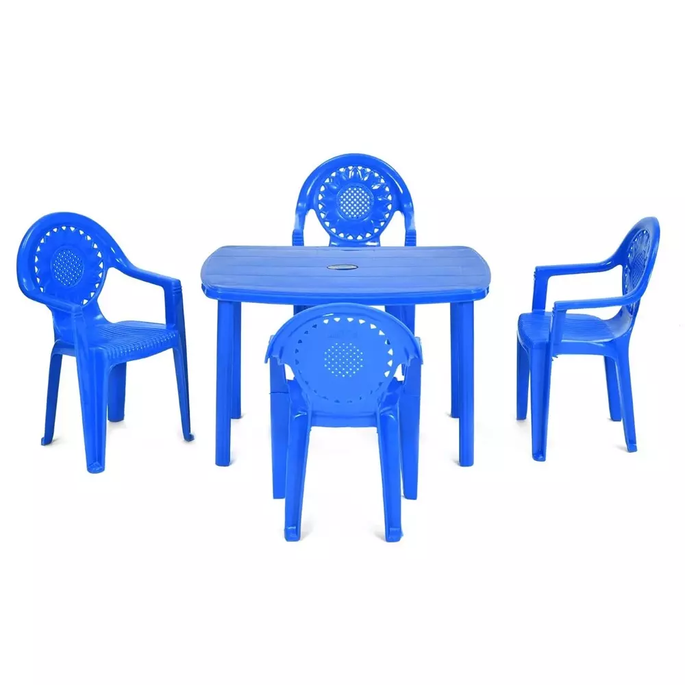 Nilkamal Armrest 4 Chair And 1 Table Set Powder Coated Blue Plastic 23x15x14.5 cm Medium Back for Home & Office Use, TOYTBSET/P