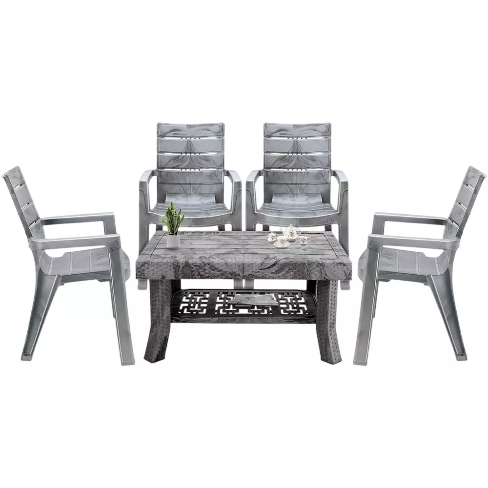 Maharaja Premium Polo Table & Crown Chair Set Plastic Durable & Weather Resistant, Silver (1 Table, 4 Chairs)