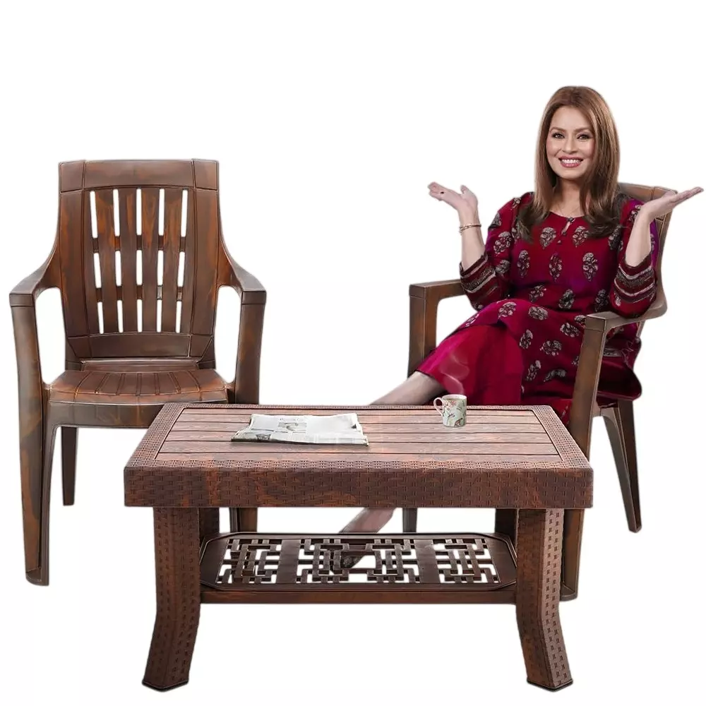 Maharaja Classic Polo Table & Omega Chair Set Plastic Elegant Design & Sturdy Build, Teakwood (1 Table, 2 Chairs)