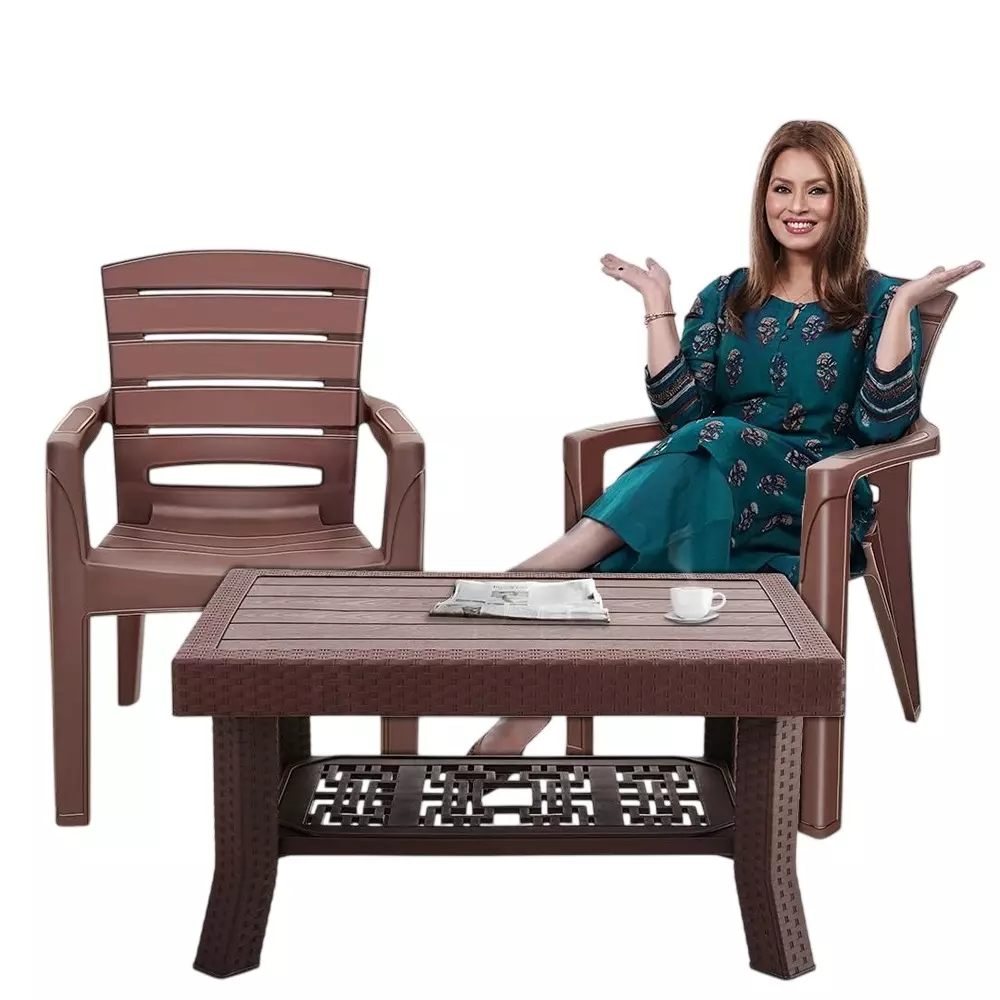 Maharaja Premium Polo Table & Singham-101 Chair Set Plastic Durable & Weather Resistant, Brown (1 Table, 2 Chairs)