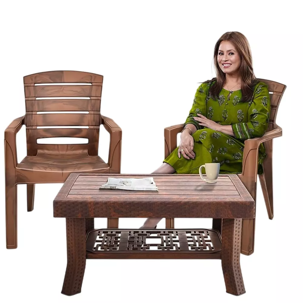 Maharaja Premium Polo Table & Singham-101 Chair Set Plastic Durable & Weather Resistant, Teakwood (1 Table, 2 Chairs)
