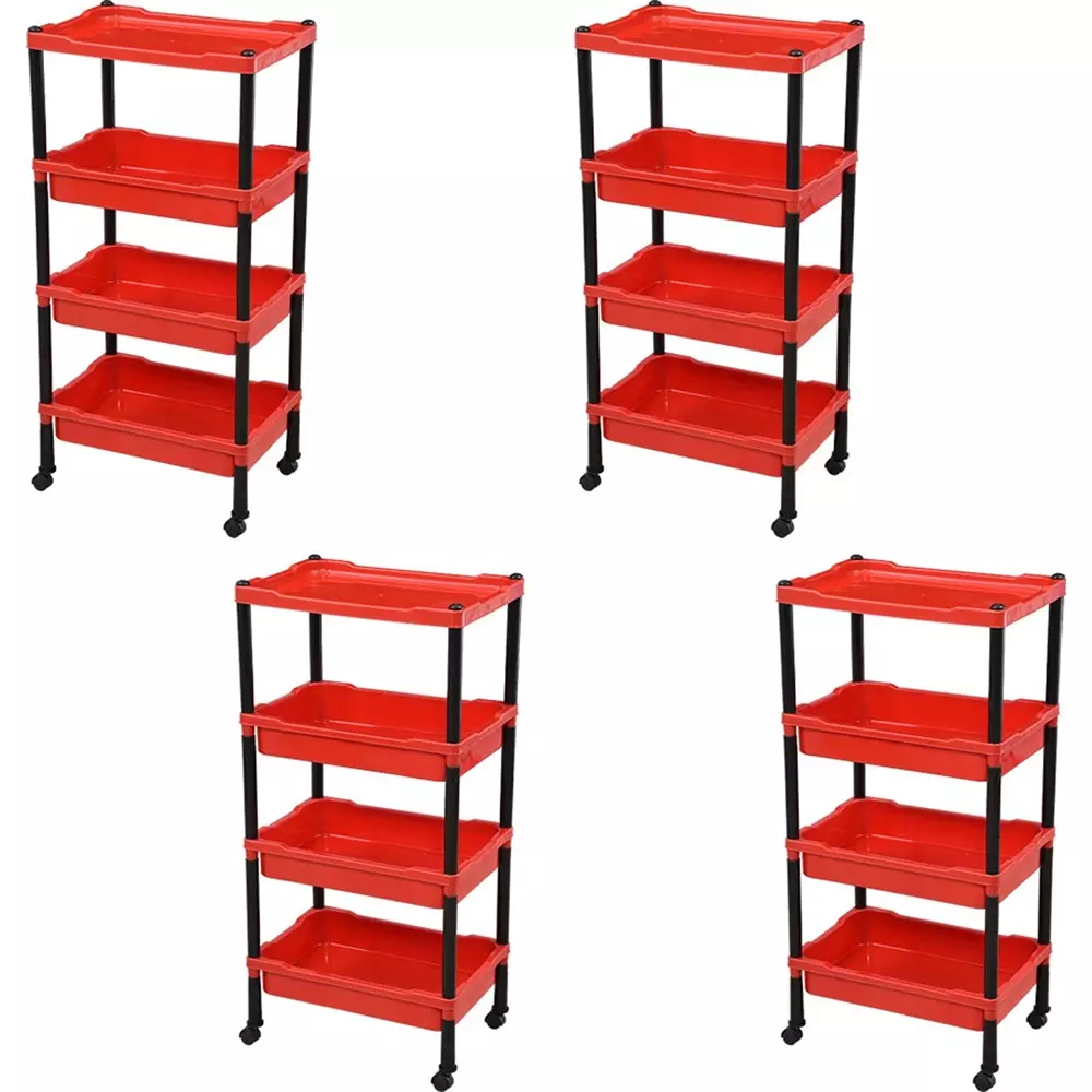 SWAGATH Wheel Type 4 Shelves Plastic Furniture Trolley Red For Fruits, Vegetables, Clothes, Books, TRL-04-BR-4 (Pack of 5)