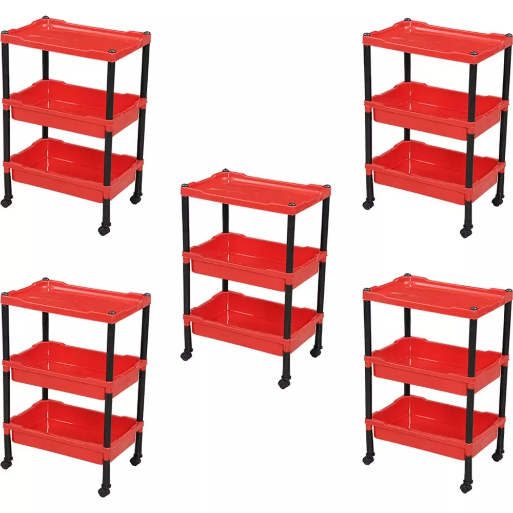 SWAGATH Wheel Type 3 Shelves Plastic Furniture Trolley Red For Fruits, Vegetables, Clothes, Books, TRL-03-BR-5 (Pack of 5)