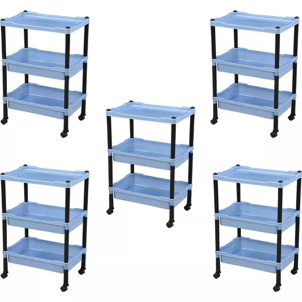 SWAGATH Wheel Type 3 Shelves Plastic Furniture Trolley Blue For Fruits, Vegetables, Clothes, Books, TRL-03-LPBL-5 (Pack of 5)