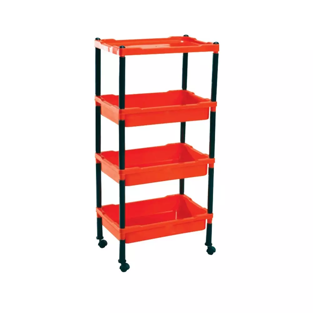 SWAGATH Wheel Type 4 Shelves Plastic Furniture Trolley Red For Fruits, Vegetables, Clothes, Books, TRL-04-BR-1