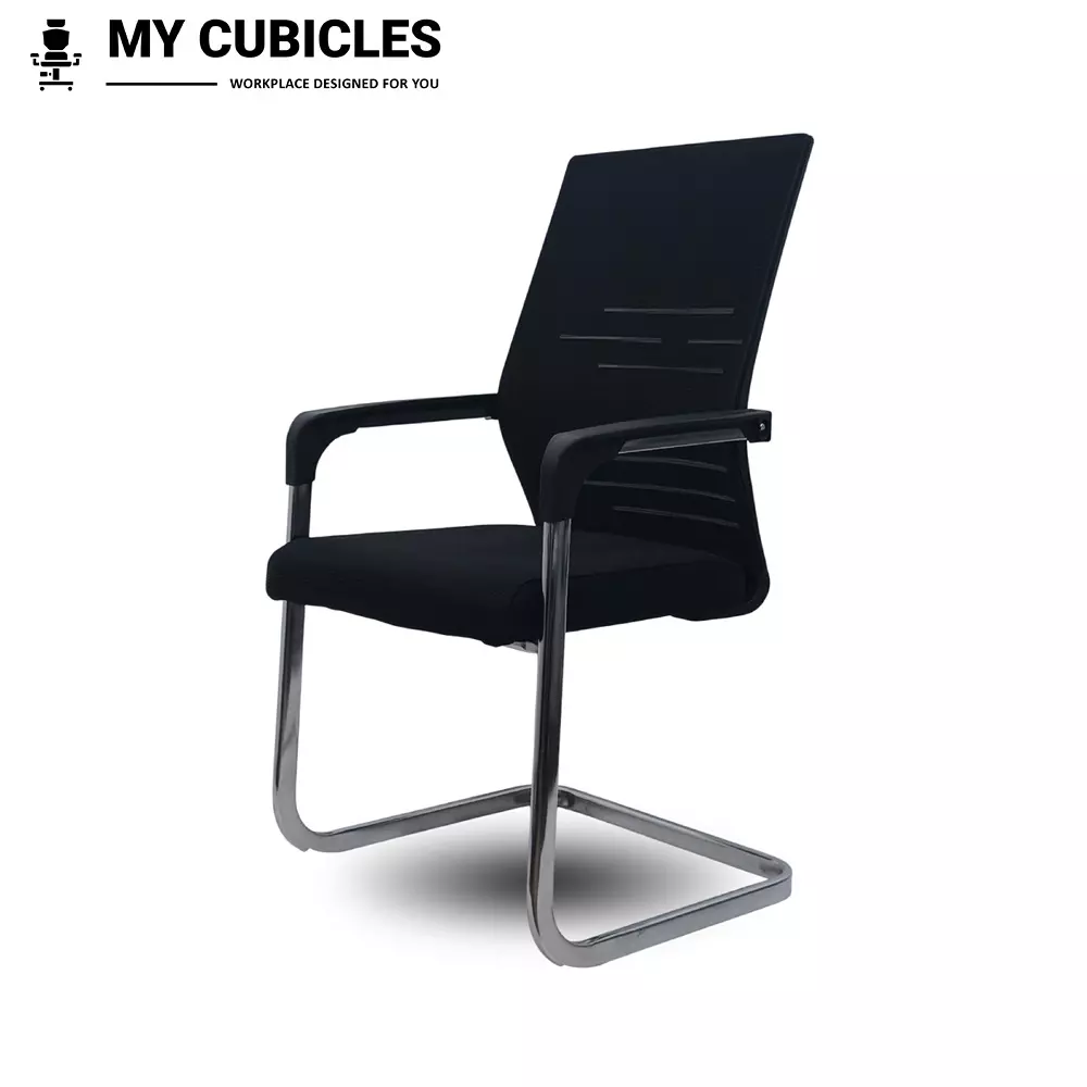 MY CUBICLES Shadow Line S Type Visitor Chair Mid Back Leather Back Material Black, MC0098