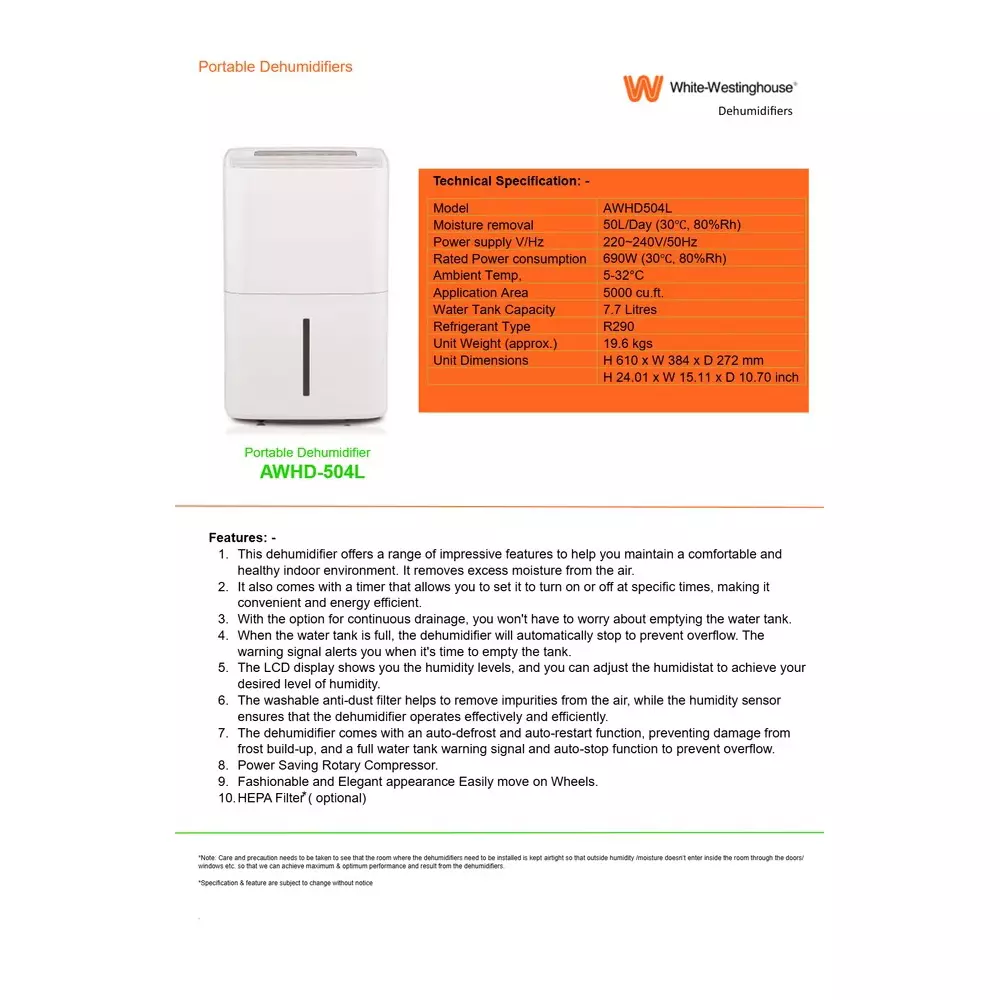white-westinghouse-portable-dehumidifier-690-w-power-and-77-l-tank-capacity-awhd504l