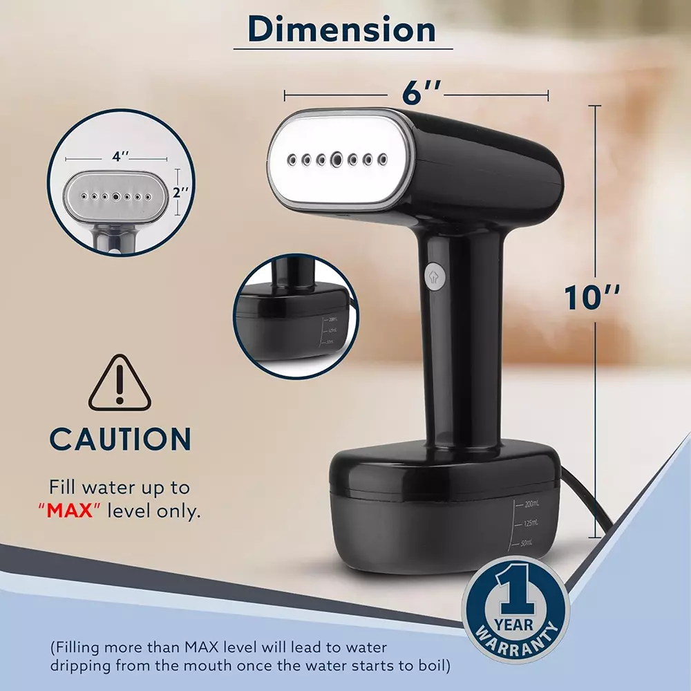 Agaro Icon Handheld Garment Steamer 1800 W with 260 ml Detachable Water Tank & Fabric Brush, Black