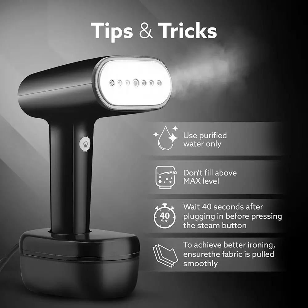 Agaro Icon Handheld Garment Steamer 1800 W with 260 ml Detachable Water Tank & Fabric Brush, Black