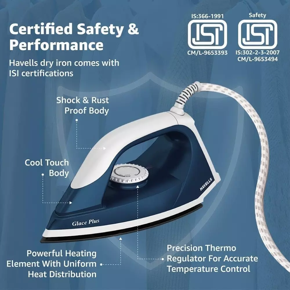 Havells Glace Plus 1000 W Non Stick Coated Dry Iron Blue GHGDIBUB100