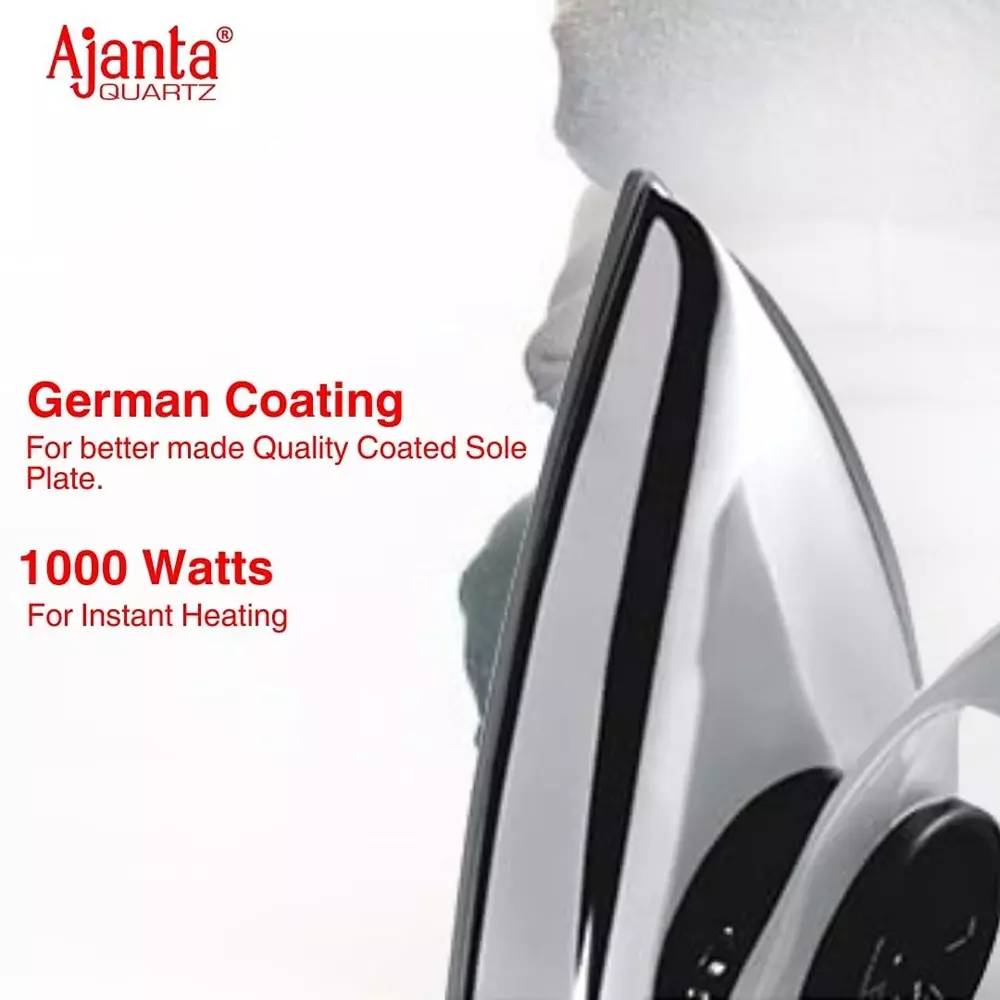 Ajanta Electric Dry Iron 1000 W Half-Handle Metal Body White, DELUXE