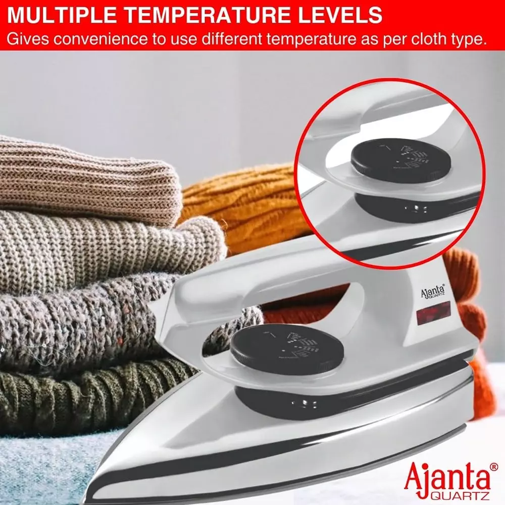 Ajanta Electric Dry Iron 1000 W Half-Handle Metal Body White, DELUXE