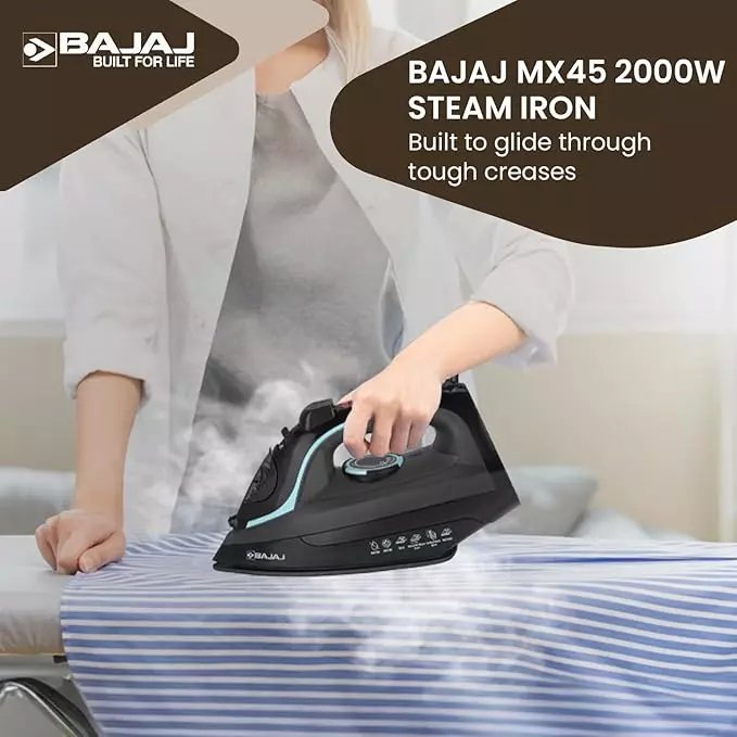 Bajaj Steam Iron 2000 W Non-Stick German Coated Aluminium Sole Plate and 220 ml Tank Capacity, Black and Grey, MX 45