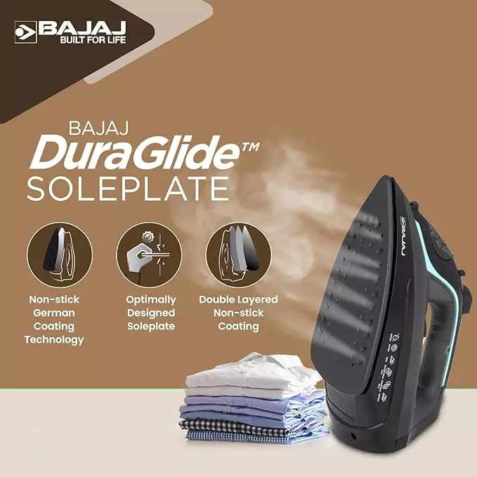 Bajaj Steam Iron 2000 W Non-Stick German Coated Aluminium Sole Plate and 220 ml Tank Capacity, Black and Grey, MX 45