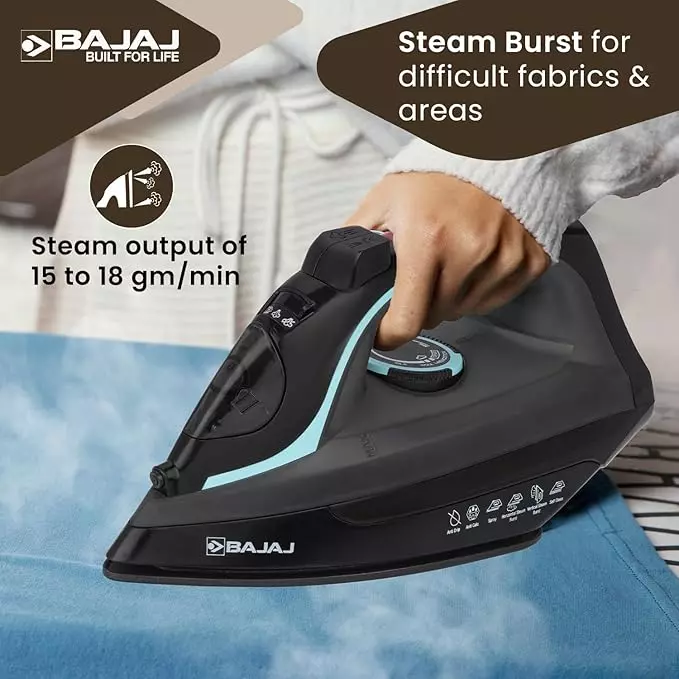Bajaj Steam Iron 2000 W Non-Stick German Coated Aluminium Sole Plate and 220 ml Tank Capacity, Black and Grey, MX 45