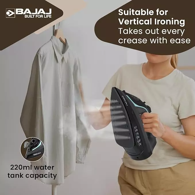 Bajaj Steam Iron 2000 W Non-Stick German Coated Aluminium Sole Plate and 220 ml Tank Capacity, Black and Grey, MX 45