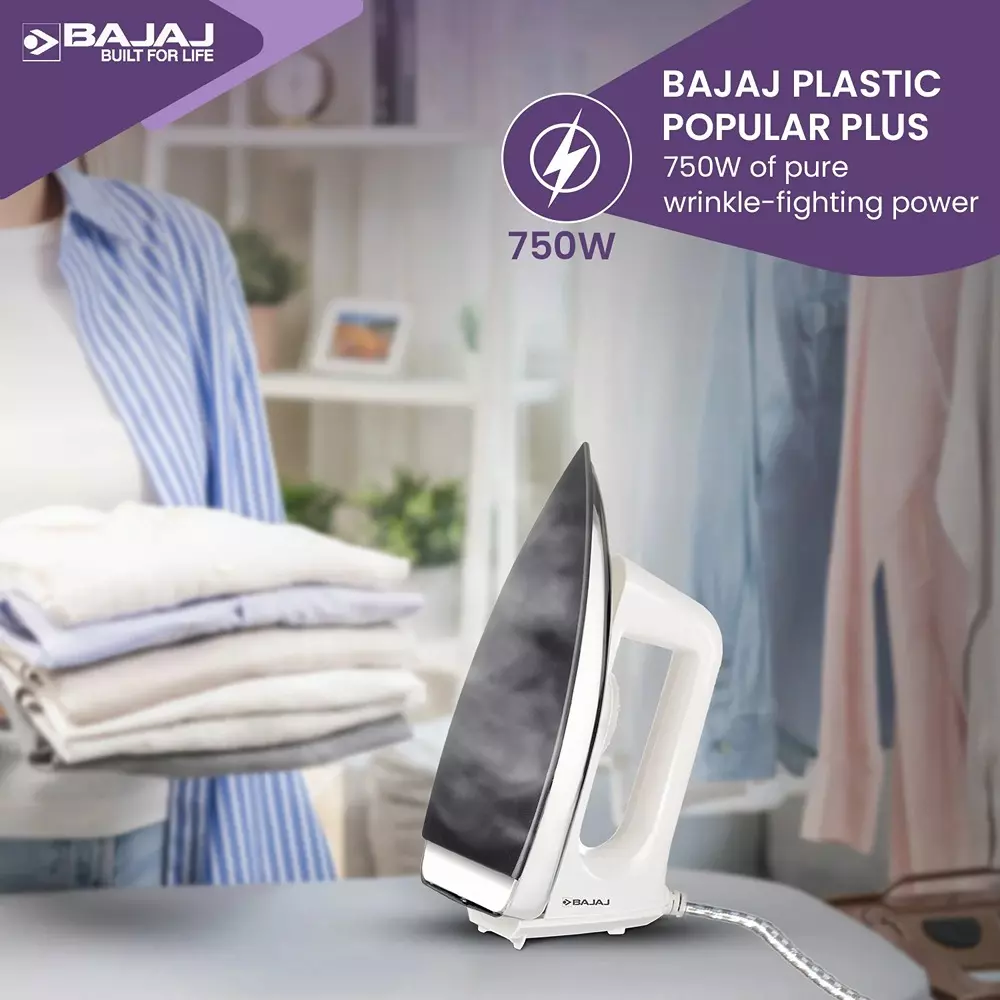Bajaj Popular Plus Dry Iron 750 W Cool Touch Handle Plastic White