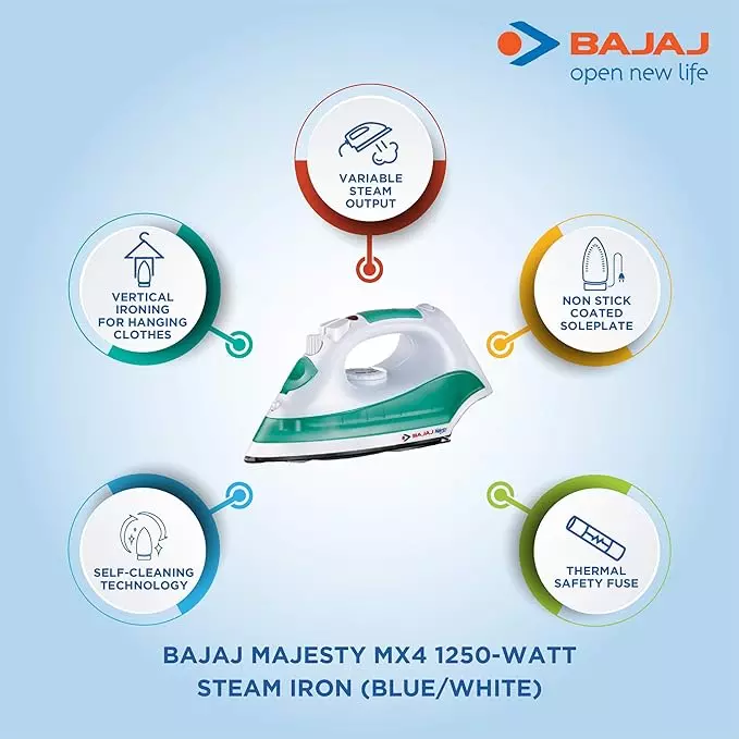 Bajaj Majesty Steam Iron 1250 W Non-Stick Coated Sole Plate and 180 ml Tank Capacity, Blue and White, MX 4 Neo