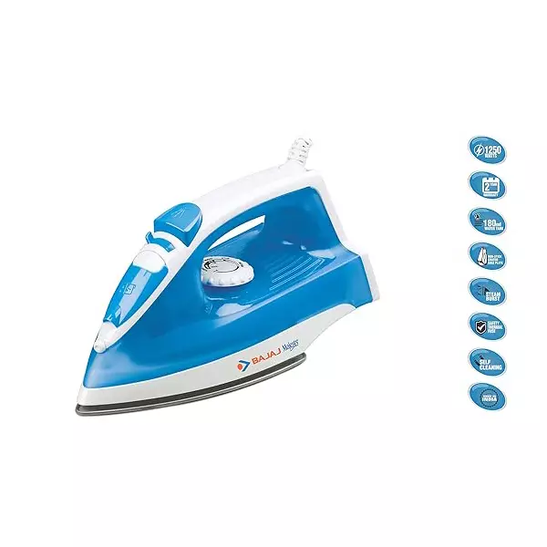Bajaj Majesty Steam Iron 1250 W Non-Stick Coated Sole Plate and 180 ml Tank Capacity, Blue and White, MX 4 Neo