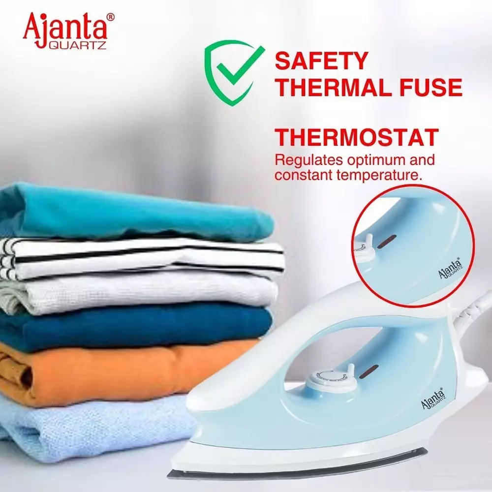 Ajanta Electric Dry Iron 1000 W Full ABS Body White & Blue, AEROSLIDE
