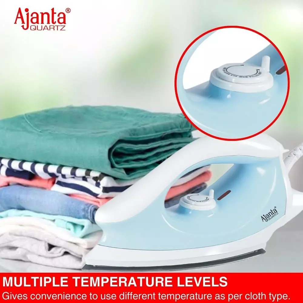 Ajanta Electric Dry Iron 1000 W Full ABS Body White & Blue, AEROSLIDE