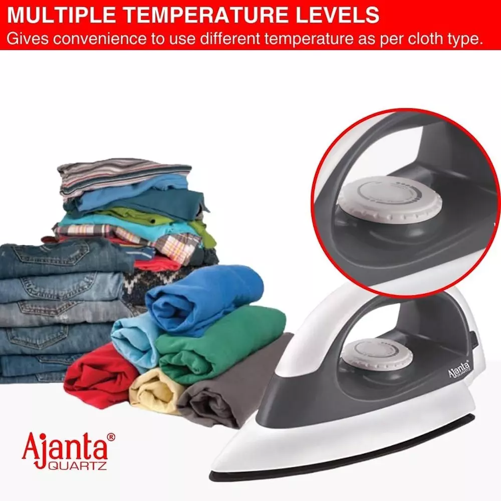 Ajanta Electric Dry Iron 750 W Full ABS Body White & Grey, EAZYGLIDE