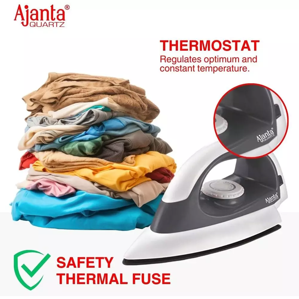 Ajanta Electric Dry Iron 750 W Full ABS Body White & Grey, EAZYGLIDE