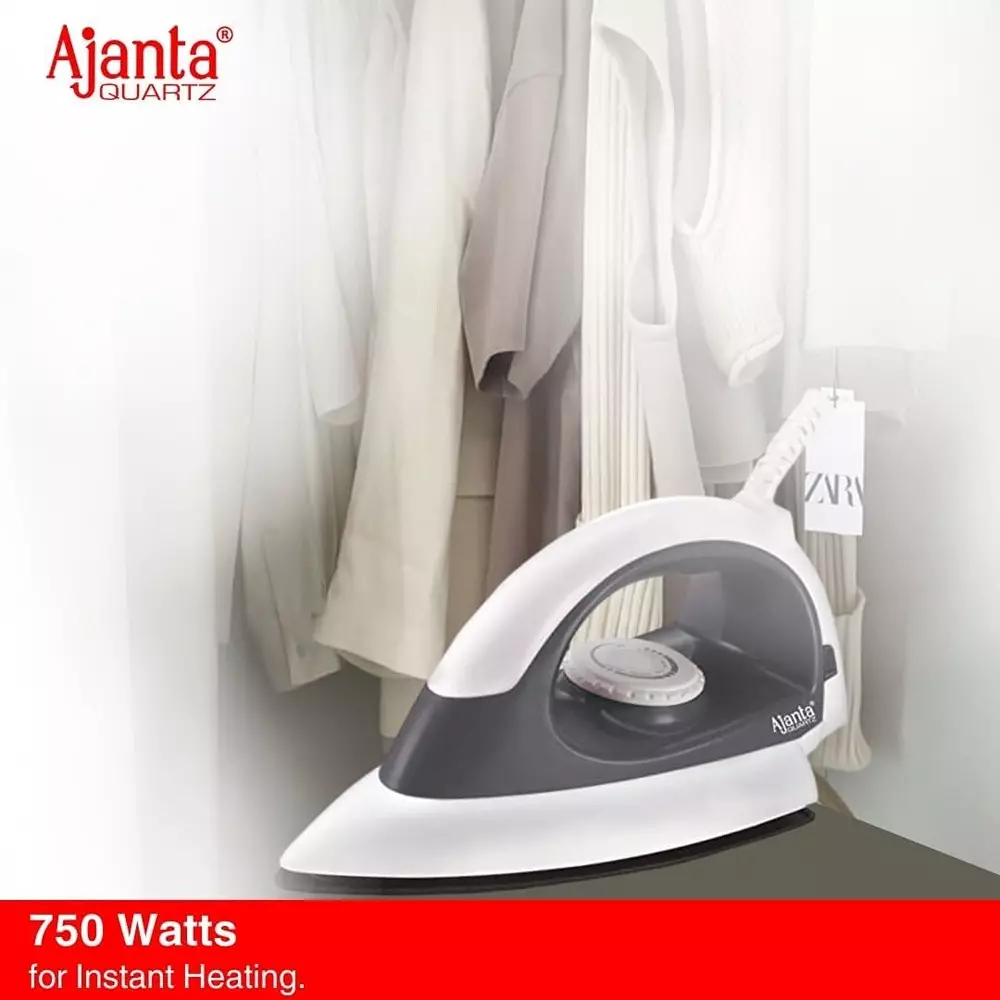 Ajanta Electric Dry Iron 750 W Full ABS Body White & Grey, EAZYGLIDE
