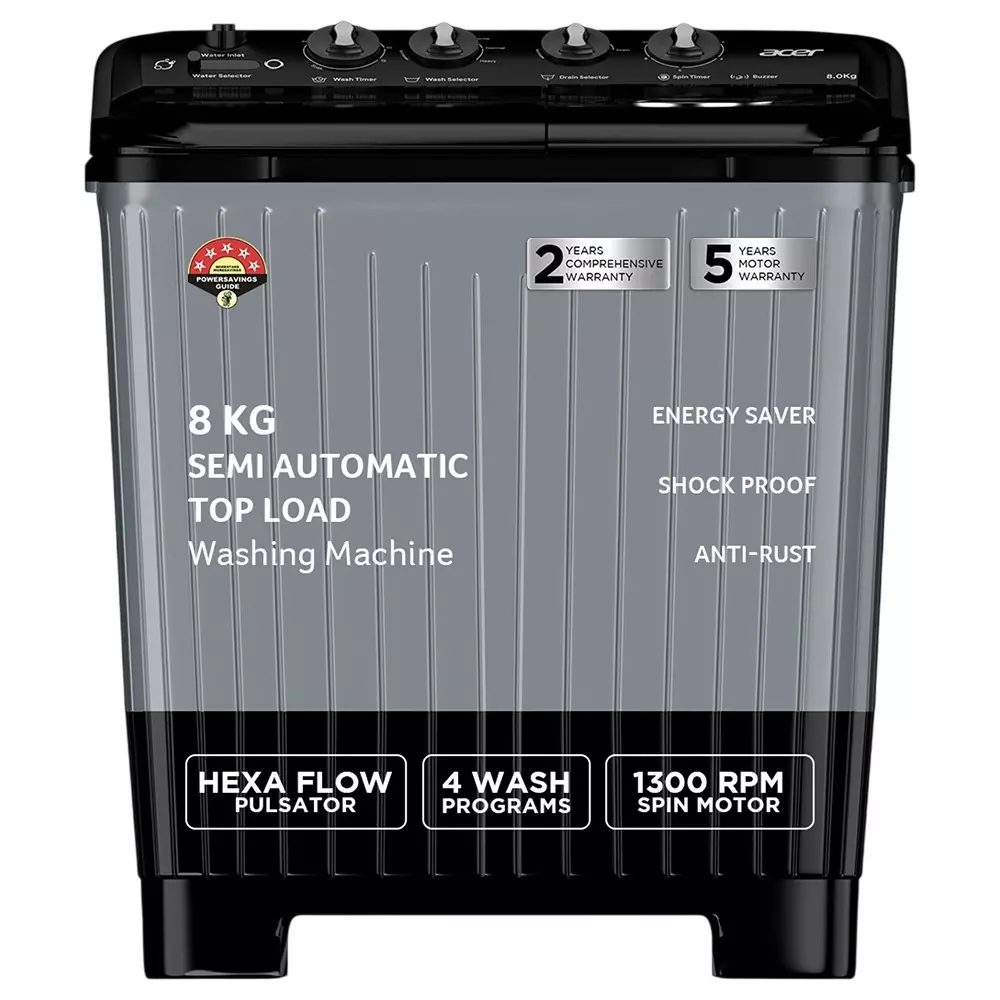 Acer Semi-Automatic Washing Machine 8 Kg Capacity Top Load  5 Star Rating Grey Color, AR80SAMBGL124D