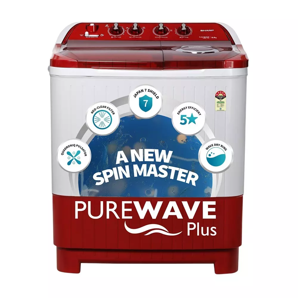 Sharp Semi Automatic Washing Machine 8.0 Kg Washing Capacity Top Load 5 Star Rating Ruby Red Color, ES-SD80NB-TR
