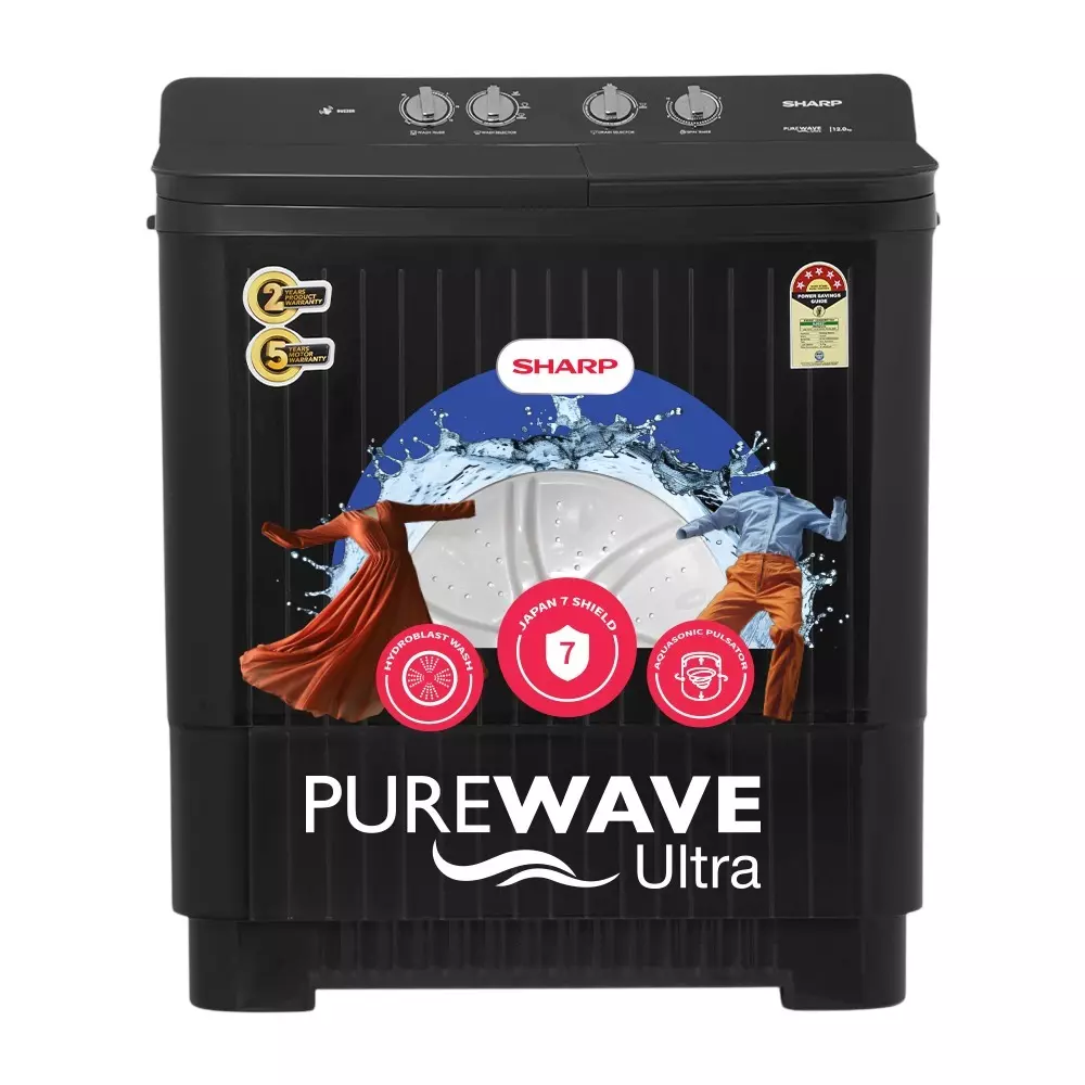 Sharp Semi Automatic Washing Machine 12 Kg Washing Capacity Top Load 5 Star Rating Rich Black Color, ES-SD120NB-HS