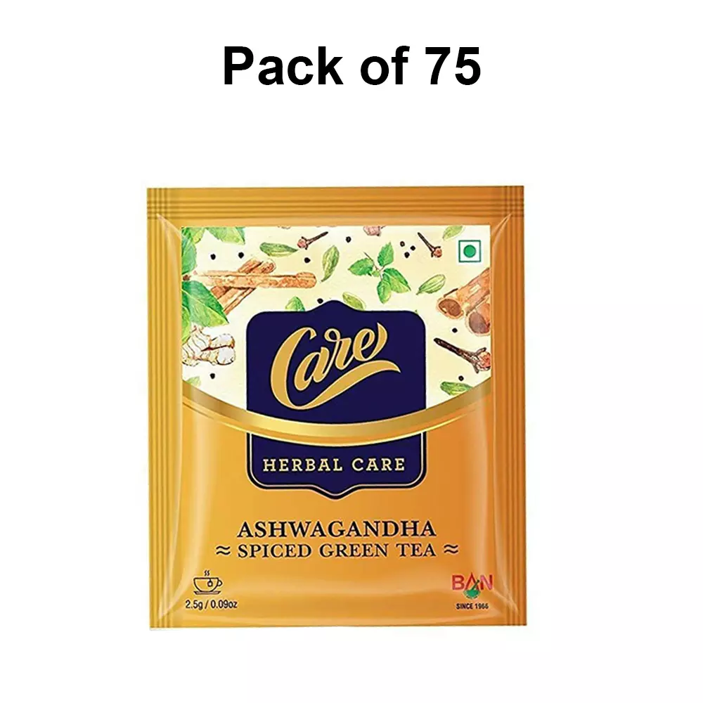 Care By Ban Ashwagandha Spiced Green Tea Low Caffeine Teabags for Improve Immunity Power or Weight Loss, (Pack of 75 Pcs)