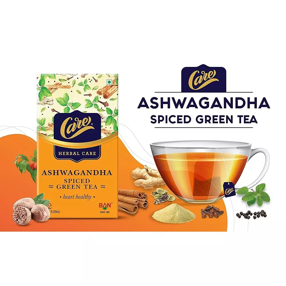 Care By Ban Ashwagandha Spiced Green Tea Low Caffeine Teabags for Improve Immunity Power or Weight Loss, (Pack of 75 Pcs)