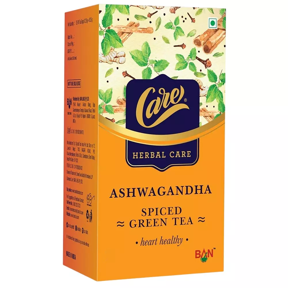 Care By Ban Ashwagandha Spiced Green Tea Low Caffeine Teabags for Improve Immunity Power or Weight Loss, (Pack of 100 Pcs)