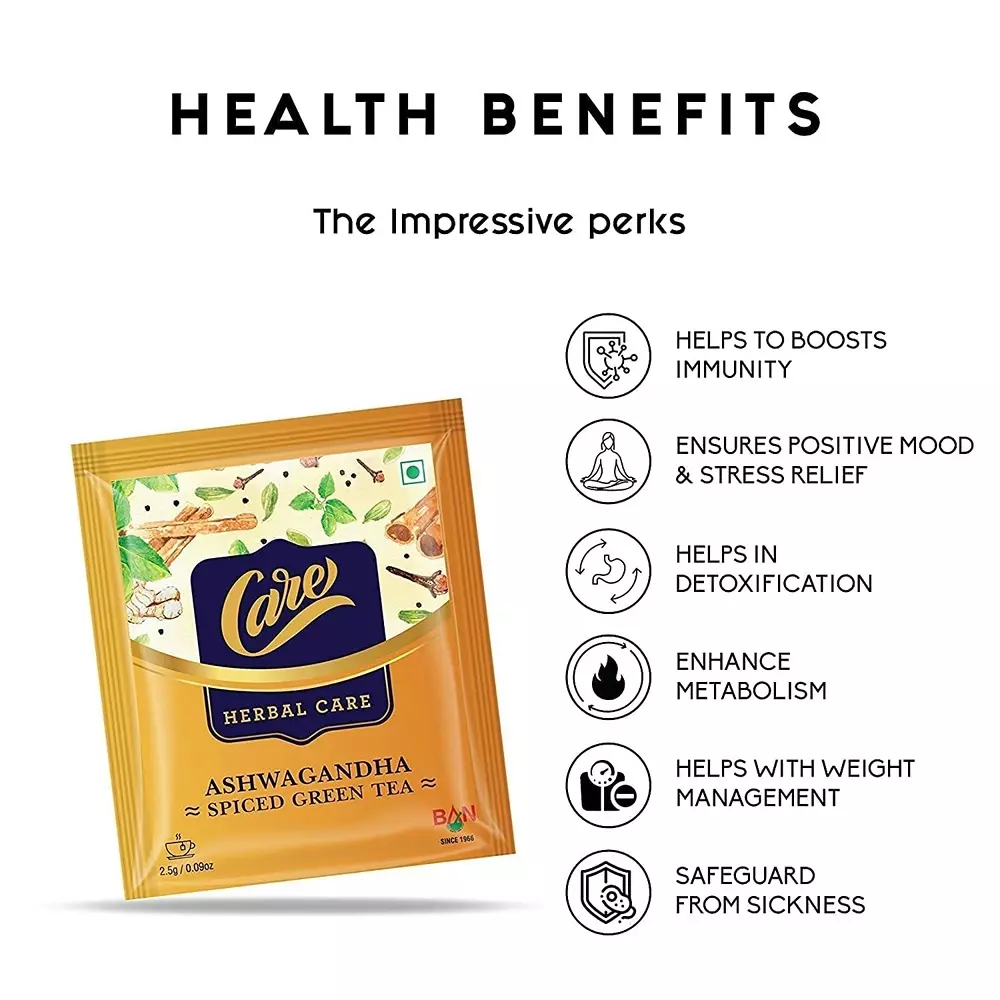 Care By Ban Ashwagandha Spiced Green Tea Low Caffeine Teabags for Improve Immunity Power or Weight Loss, (Pack of 100 Pcs)