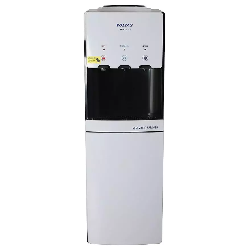 Voltas 15 L Water Dispenser Floor Mounted Top Loading With Storage Cabinet, White Color ABS Plastic Body, Minimagic Spring R