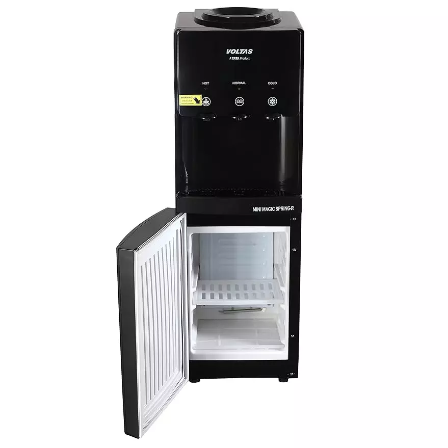 Voltas 15 L Water Dispenser Floor Mounted Top Loading With Storage Cabinet, Black Color ABS Plastic Body, Minimagic Spring R