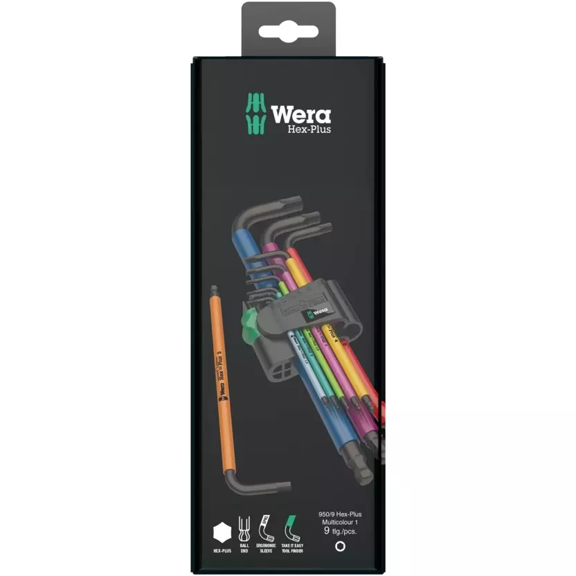 Wera 950/9 Hex-Plus Multicolour 1 SB L-Key Set with Hex Plus Shank and Hexagonal Ball Point Tip on the Long Arm, 5073593001 (Set of 9)