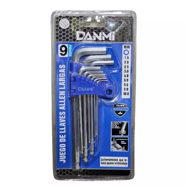 DANMI Long Allen Key Set 1.5 - 10 mm Silver Steel, 170505 (Pack of 9 Pcs)