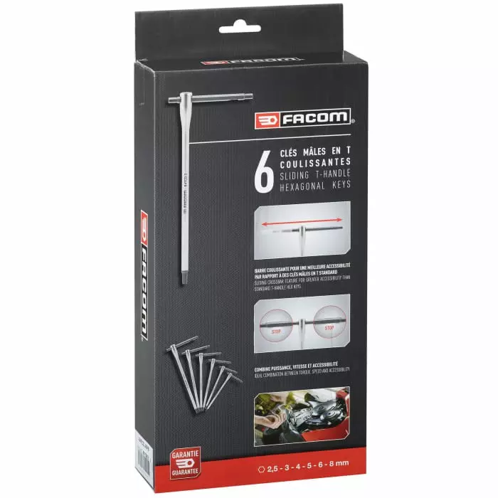 Facom 6 piece T Shape Metric Hex Key Set, 2.5 - 3 - 4 - 5 - 6 - 8mm, 84TCD.J6PB