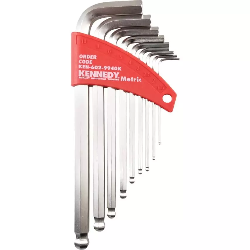 Kennedy Hex Key 1.5, 10, 8, 3, 4.9, 2, 5, 2.5, 6 mm Tip Size Nickel Plating Finish Steel L-Handle Hex Ball (Pack of 9)