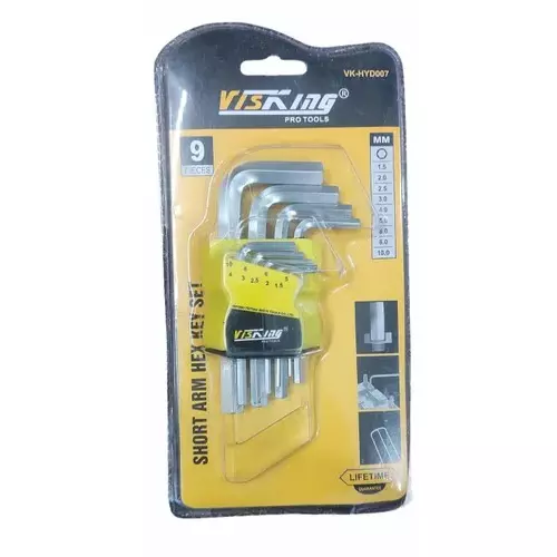 Visking 9 Pcs Hex Key Set Short Arm Alloy Steel Body, 1.5, 2, 2.5, 3, 4, 5, 6, 8, 10 mm Size, VK HYD007