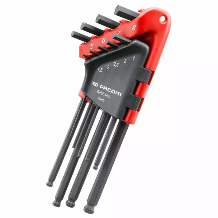 Facom 9 piece L Shape Metric Hex Key Set, 1.5 - 2 - 2.5 - 3 - 4 - 5 - 6 - 8mm, 83SH.JPAAPF